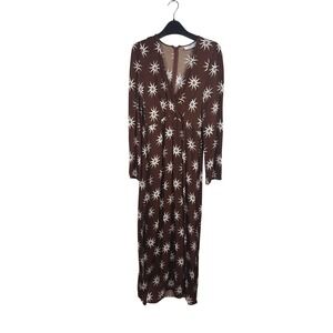 The Wolf Gang Brown Sunburst Print Long Sleeve Midi Dress V Neck